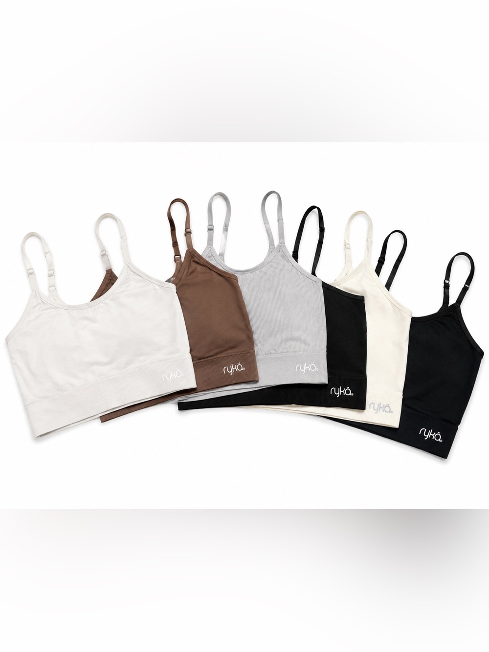 Ryka Ribbed Adjustable-Strap Bralettes in Black, Gray, Brown, and Cream 6 pack